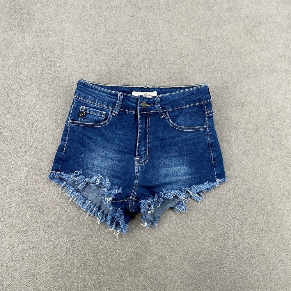 Kancan High Rise Frayed Raw Hem Denim Shorts Dark Wash KC6033M Size 5 26